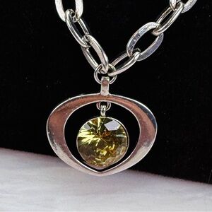 Vintage Silvertone Chain Necklace with Green Colored Pendant